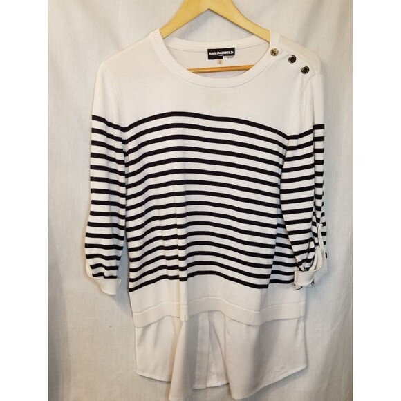 Karl Lagerfeld Paris Women's Sweater Top Black White Striped Size L Mixed Media - Picture 5 of 10